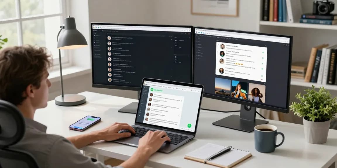 Engaging with WhatsApp電腦版 in a modern home office setup featuring sleek tech and inviting workspace.