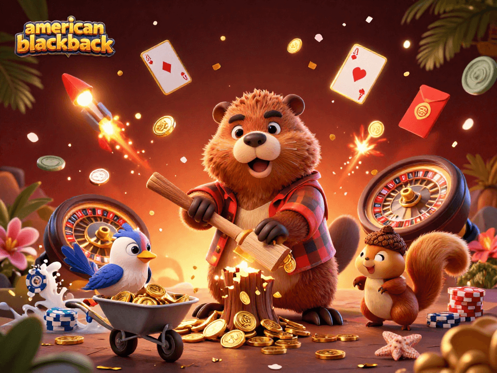 The 3D cartoon lumberjack beaver celebrates american-blackjack success by collecting golden coins, surrounded by casino elements.