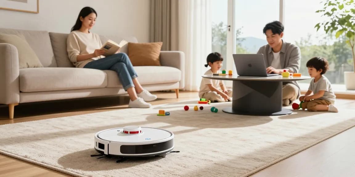 Robot vacuum 2026 navigating effortlessly around a family’s living space, showcasing modern home automation technology.