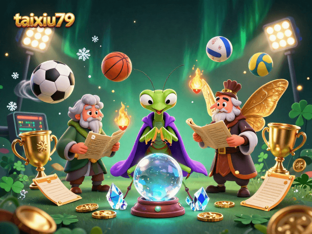 Experience the excitement of taixiu79 with a vibrant illustration of fortune tellers and sports elements.