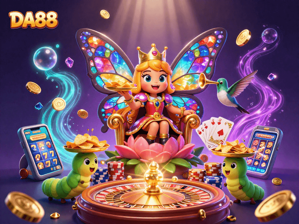 DA88 showcases a vibrant 3D casino scene with a butterfly queen, golden chips, and a sparkling roulette wheel.