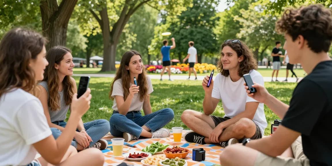 Youthful group enjoying the benefits of weed pens in a park setting.