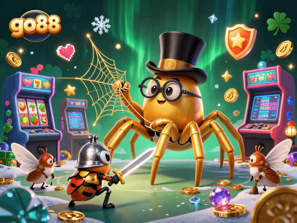 Engage in thrilling casino adventures with go88's golden tarantula and beetle knight in a vibrant 3D scene.
