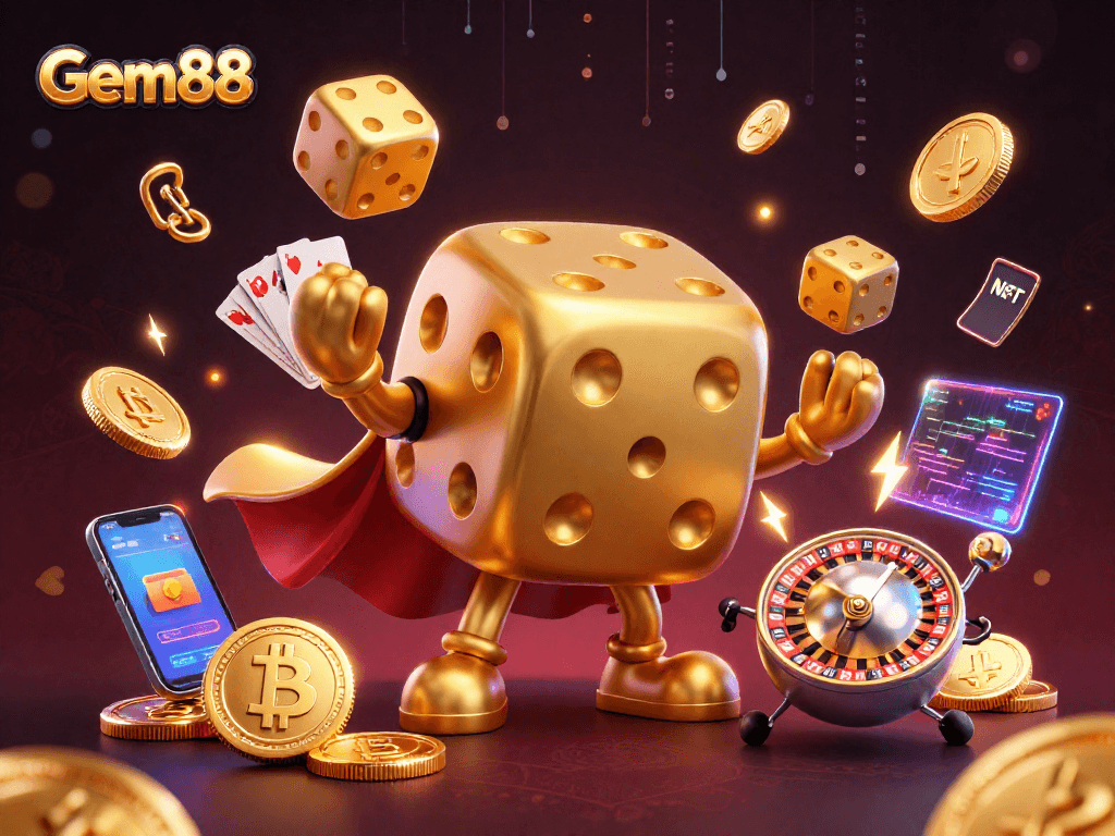 Engage with Gem88 for thrilling gameplay featuring golden dice characters amid vibrant blockchain elements.