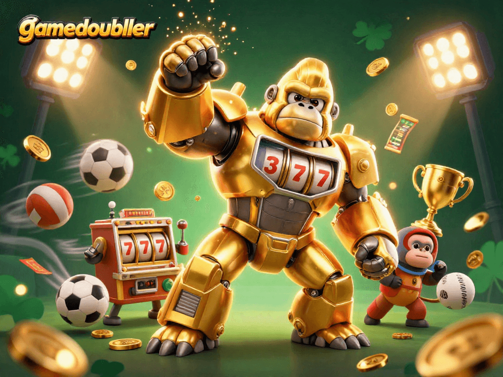 Experience the thrills of gamedoubler with an exciting dynamic 3D illustration featuring a golden gorilla mech.
