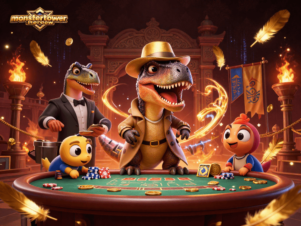 Experience thrilling strategies in gambling with the dynamic scene from monstertowerreview showing cartoon velociraptors at a casino.