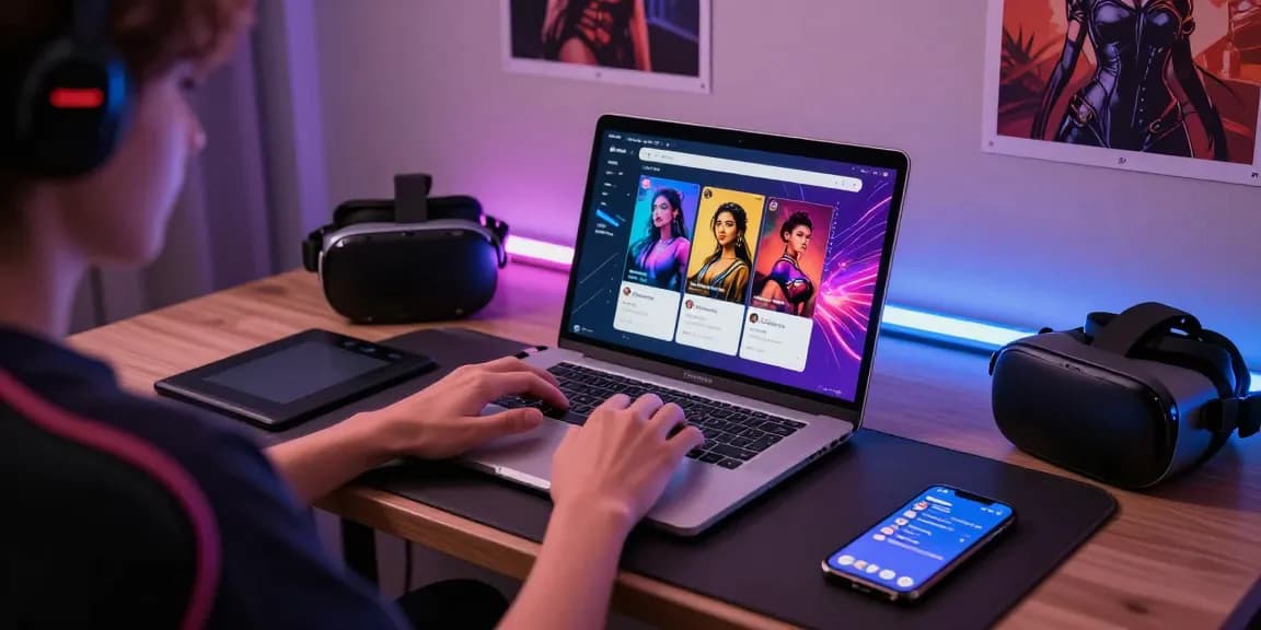 Engaging young adult interacting with 18+ AI chatbot and creative digital tools in a stylish modern workspace