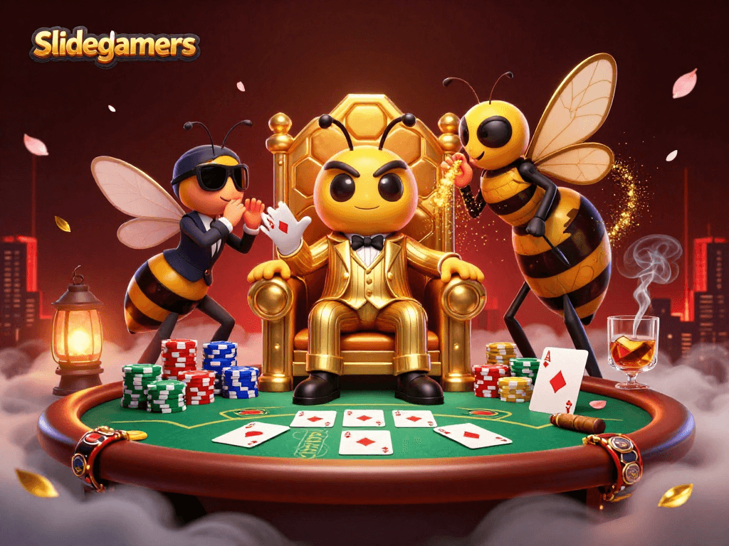 Engage in thrilling gameplay at slidegamers with dynamic poker table surrounded by lively cartoon characters.
