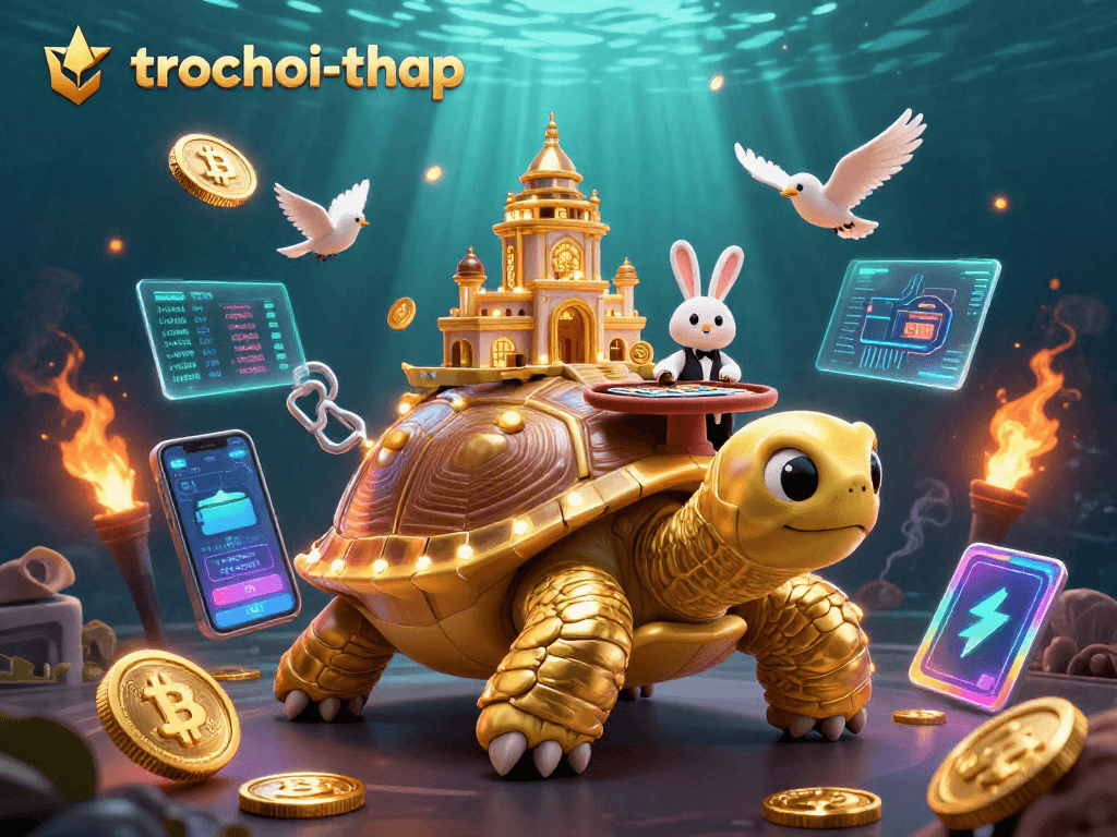 Experience the excitement of trochoi-thap with a vivid illustration featuring a giant tortoise casino and dynamic characters.