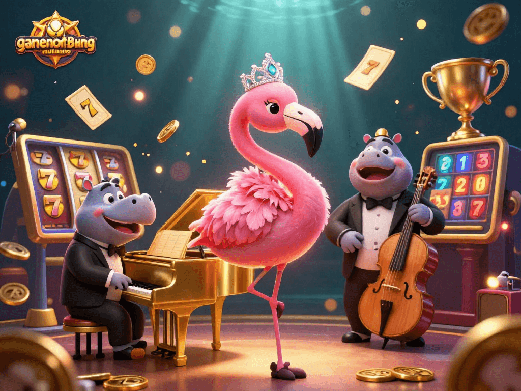 Experience excitement at gamenohudoithuong with vibrant cartoon characters celebrating jackpot wins in a lively casino scene.