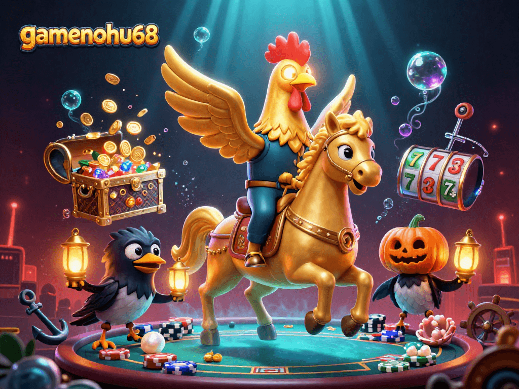 Experience the thrill of a golden rooster riding a spectral horse at gamenohu68 casino, amidst dazzling slot reels.