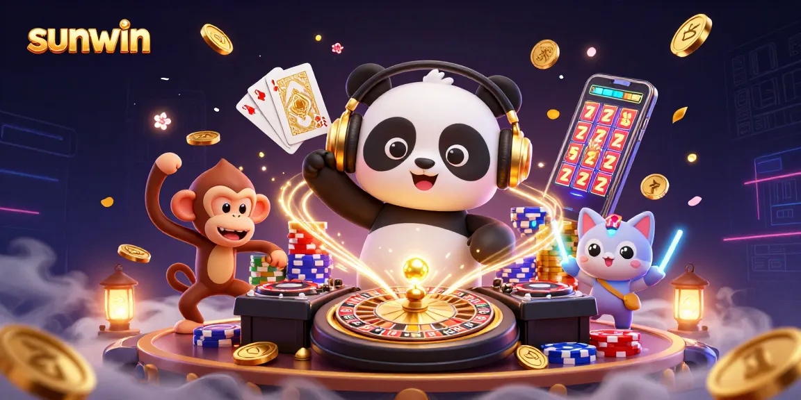 Experience thrilling gameplay with the vibrant sunwin scene showcasing a DJ panda and fun gambling elements.