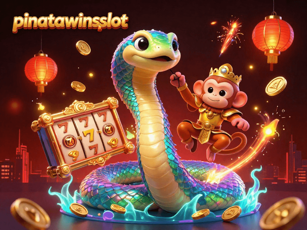 Spin and win with pinatawinsslot in a vibrant casino scene full of golden coins and characters.