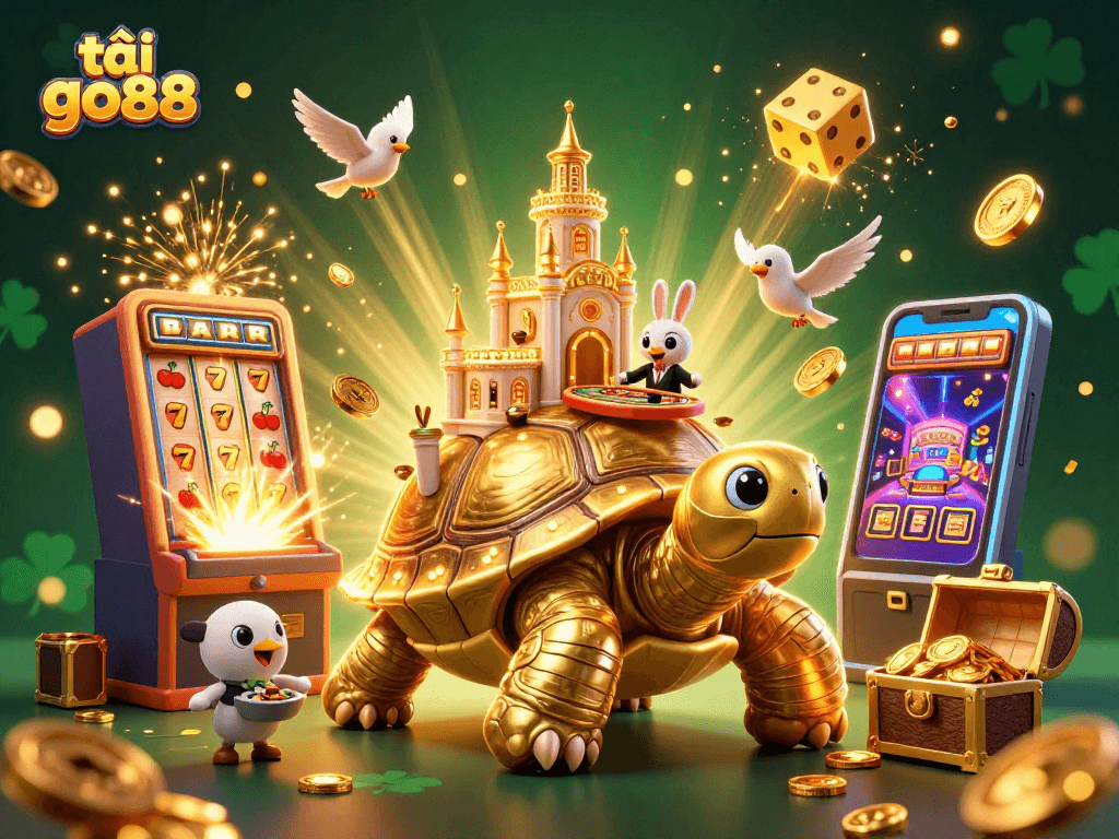 Tải go88 for exciting casino adventures with golden tortoise, rabbit dealer, and bonus game elements in a vibrant scene.
