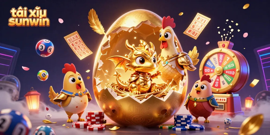 Engaging scene of tài xỉu sunwin showcasing a golden egg and baby dragon amidst casino elements.