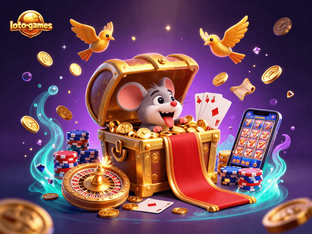 Engage with loto-games treasures from adventurous mice and sparkling casino riches in a vibrant scene.