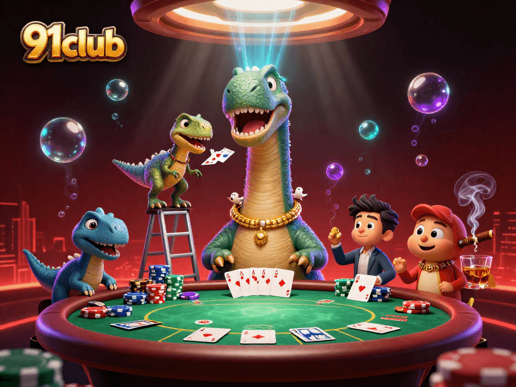Engage with thrilling 91club action as a cartoon dinosaur peers into a poker table below, elevating the excitement!