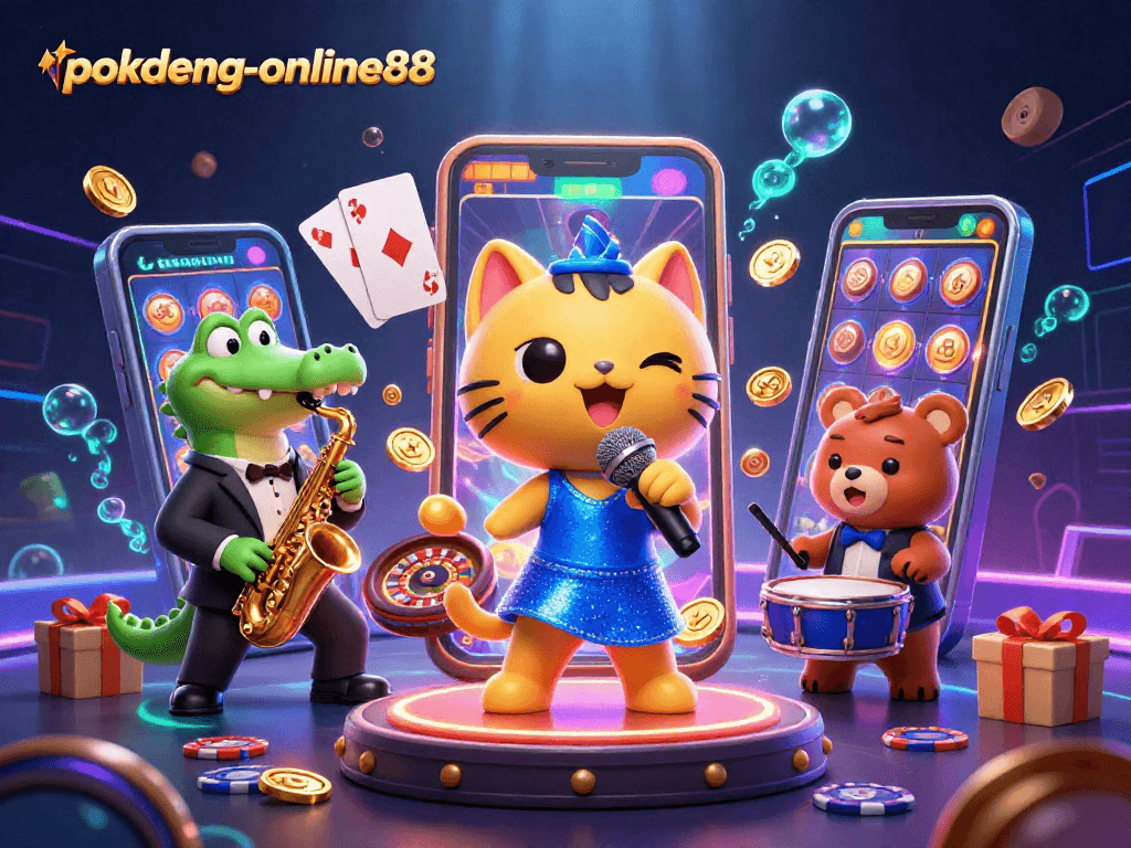Engaging illustration of pokdeng-online88 with jazz-singer cat, saxophone crocodile, and drum-playing bear, promoting exciting casino gameplay.