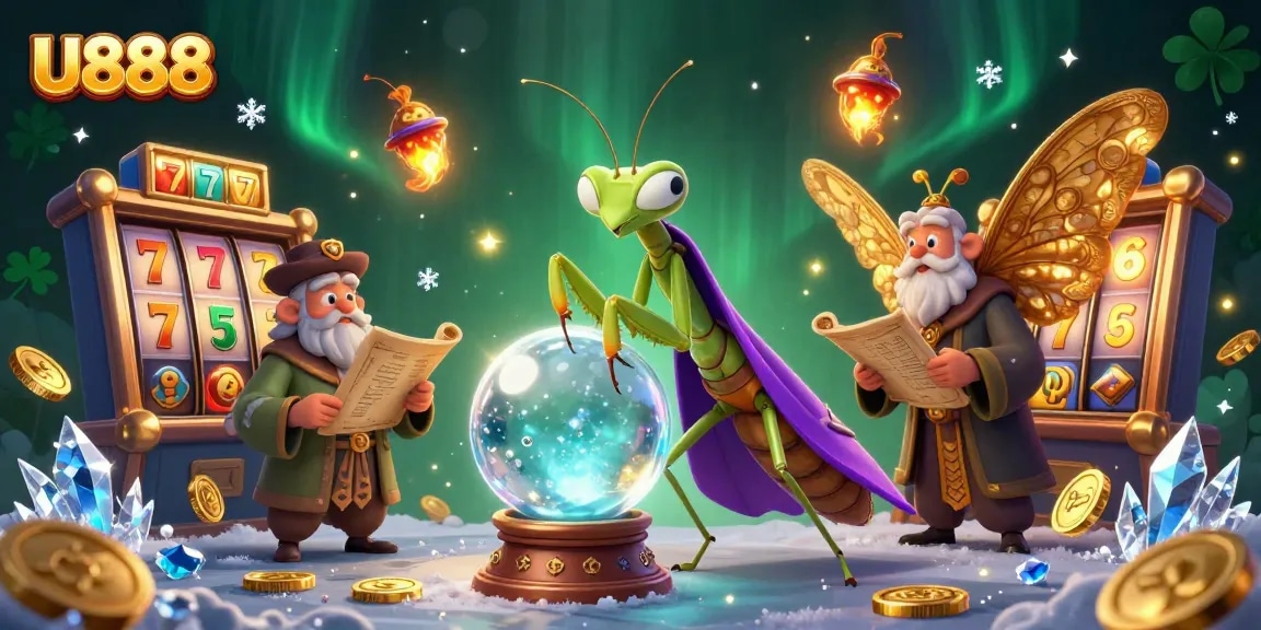 Experience thrilling slots and jackpots at U888 with our festive 3D illustration art featuring dynamic game elements.
