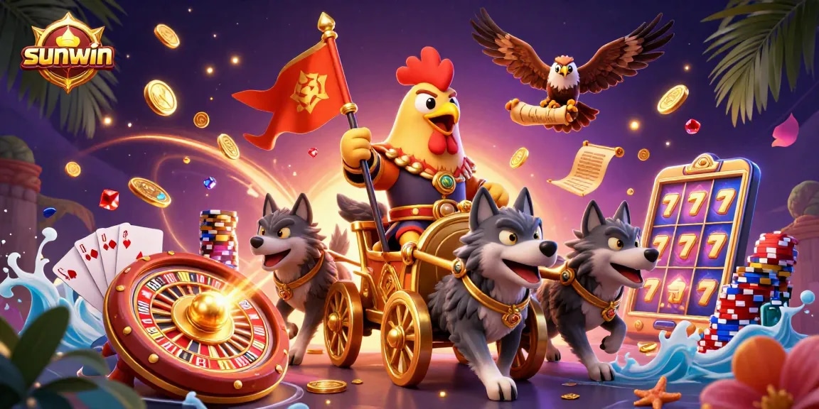 Engage with sunwin's thrilling gaming adventure featuring a rooster warlord and vibrant casino elements.