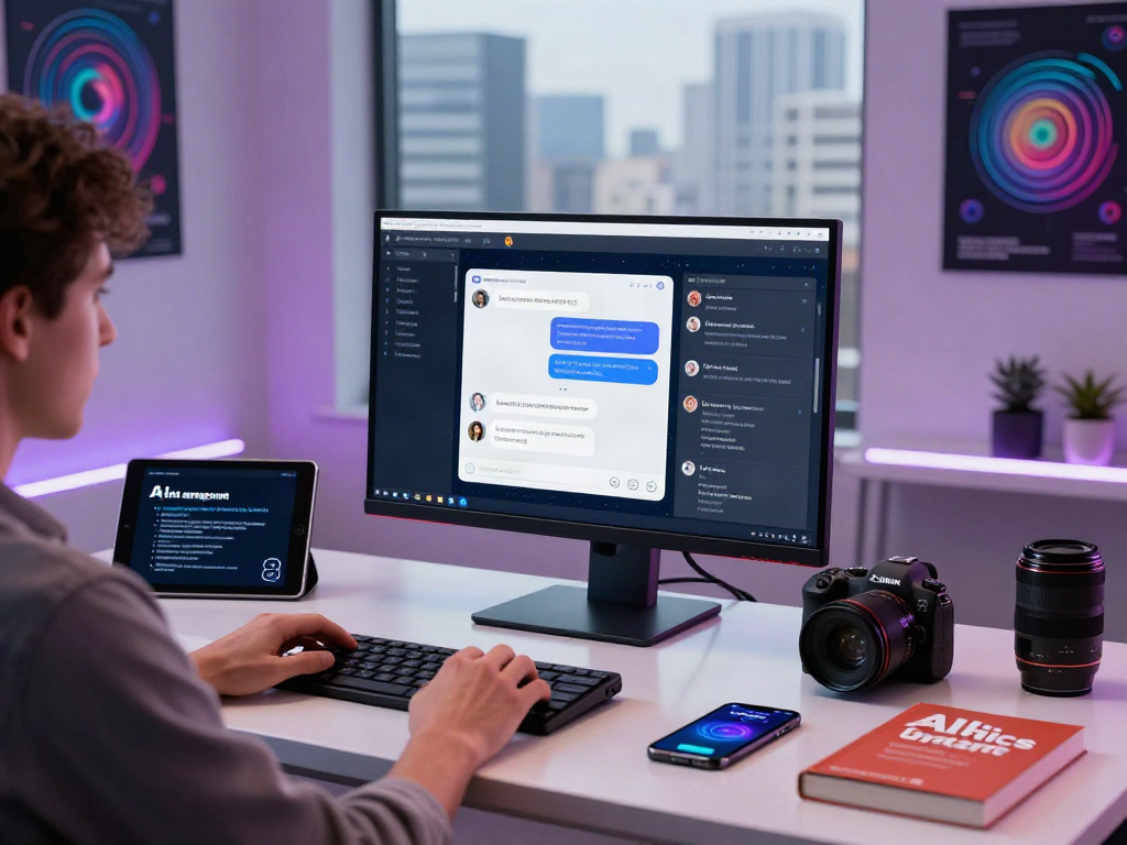 Engaging workspace for nsfw ai chat innovation with high-tech interface and urban view