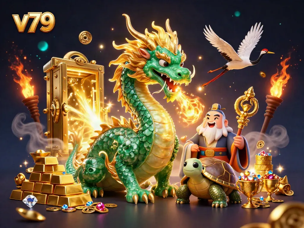 Experience the thrill of v79 with a jade dragon and lucky cranes in a vibrant casino scene.