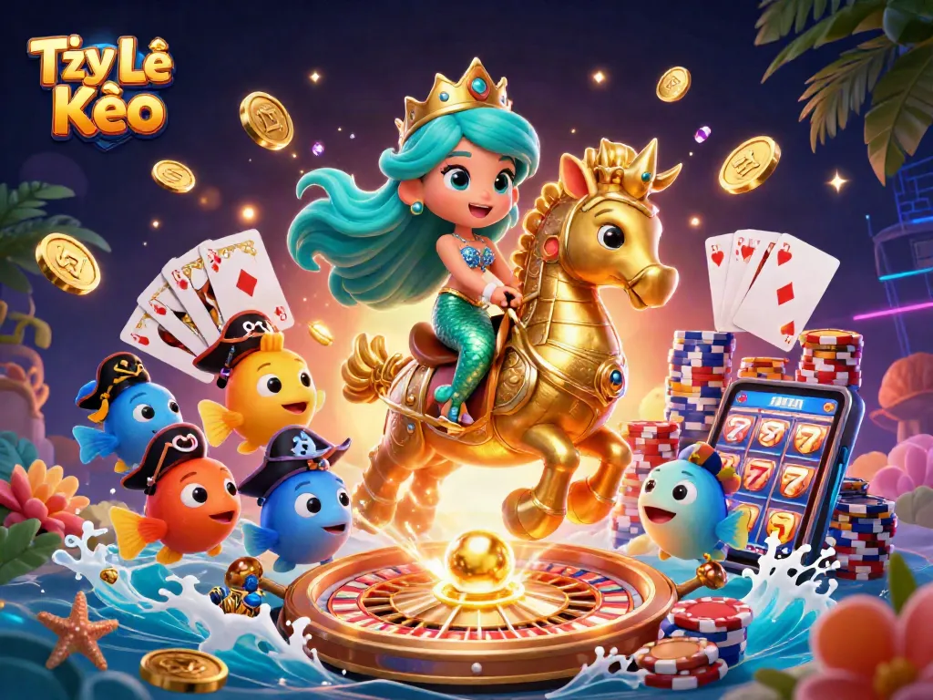 Tỷ Lệ Kèo showcases lively gambling characters riding seahorses amid gold coins and sparkling gems.