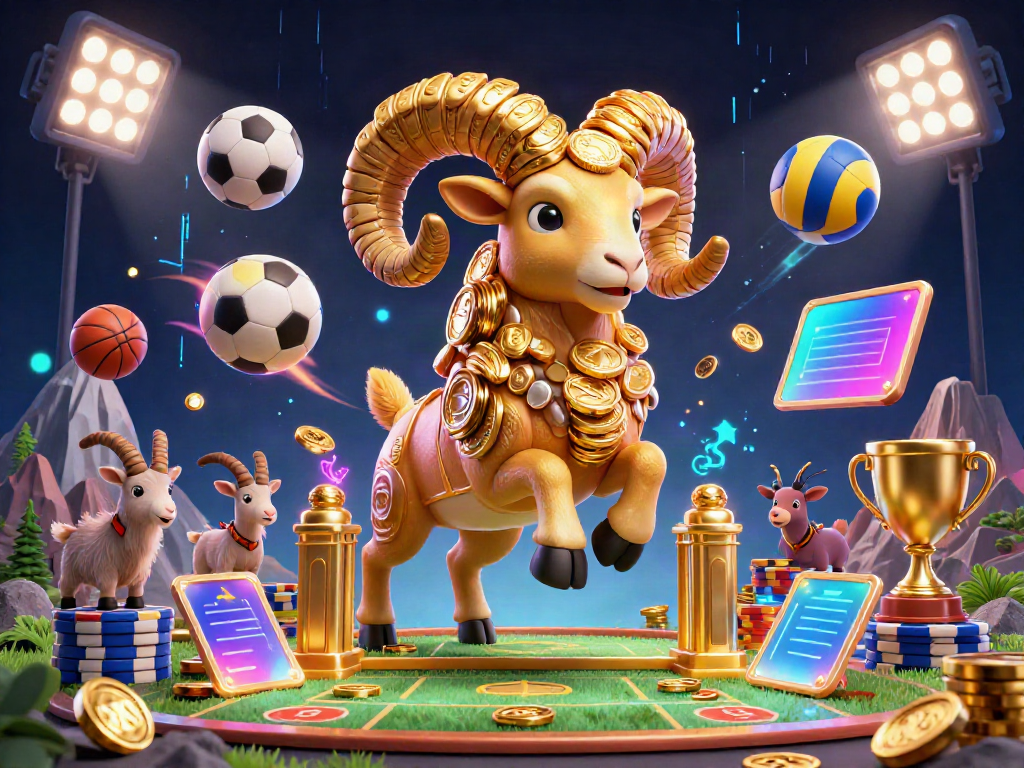 Join the thrilling world of s8 sports betting with a dynamic scene featuring a golden ram and flying sports elements.