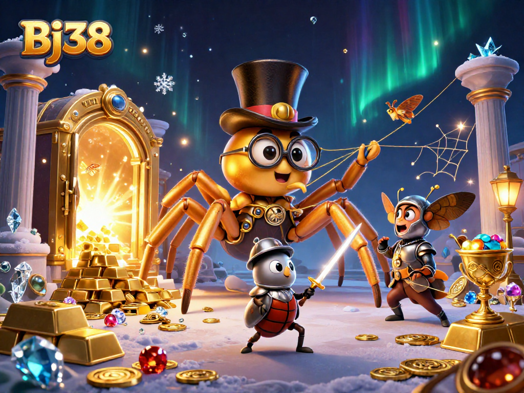 Bj38 showcases an exciting online casino atmosphere with a giant tarantula and beetle knight amidst treasures.