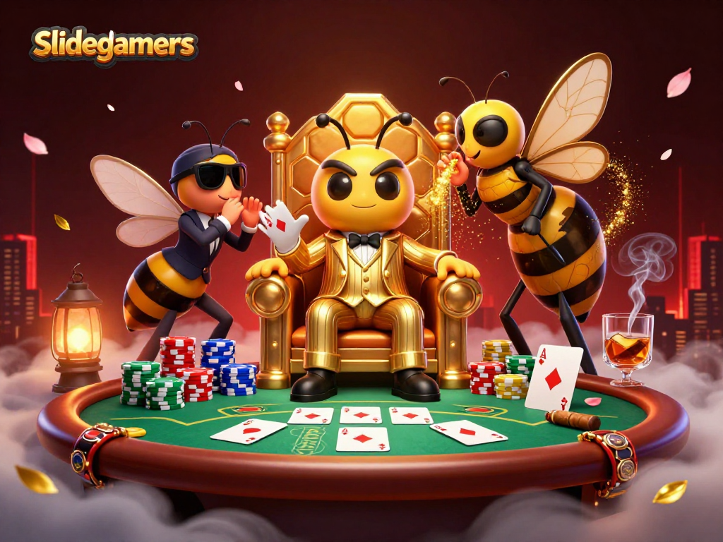Engage in thrilling gameplay at slidegamers with dynamic poker table surrounded by lively cartoon characters.