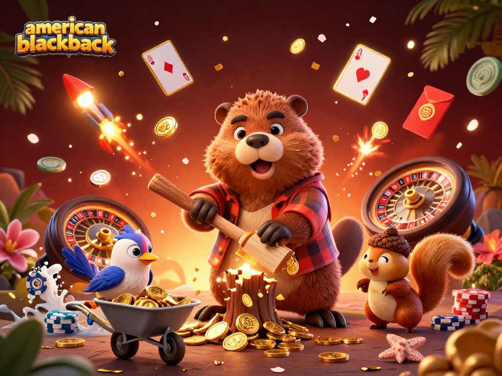 The 3D cartoon lumberjack beaver celebrates american-blackjack success by collecting golden coins, surrounded by casino elements.