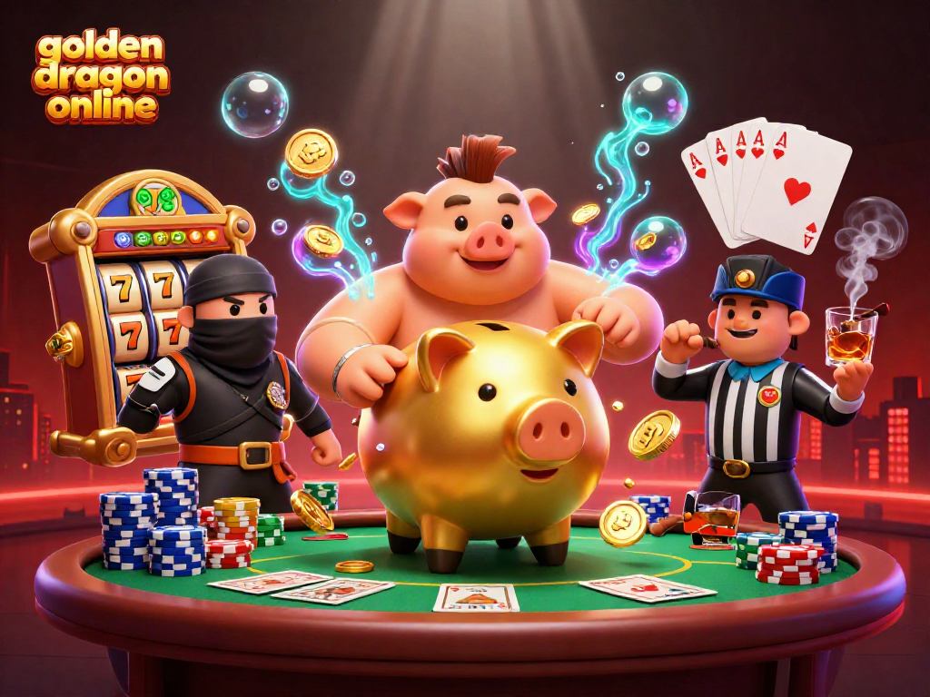 Engage in golden dragon online slots with a sumo wrestler piggy bank surrounded by vibrant casino elements.