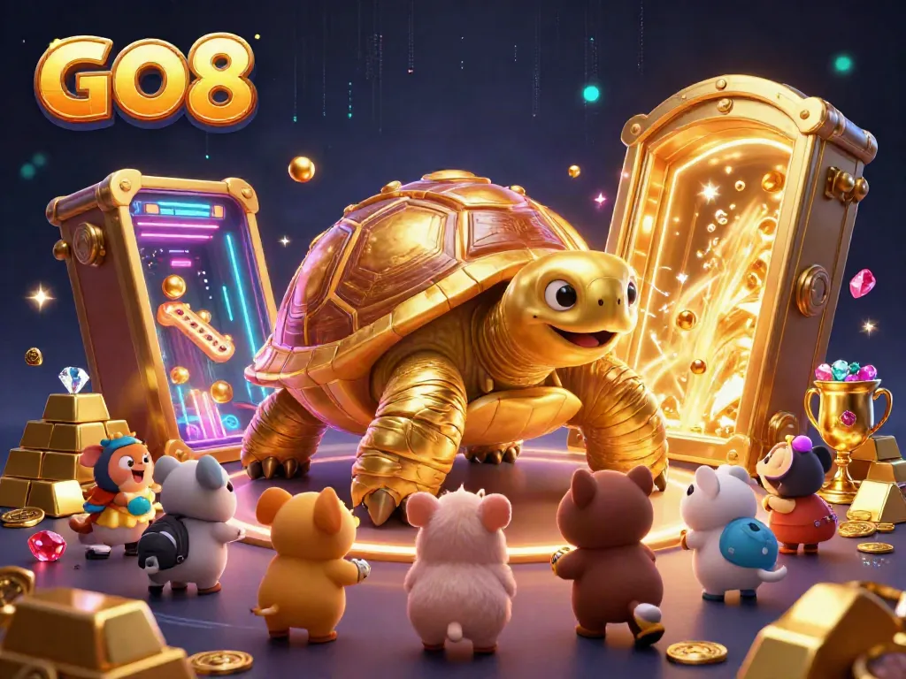 Experience the exciting world of GO8 with a golden tortoise, treasure, and vibrant casino elements.