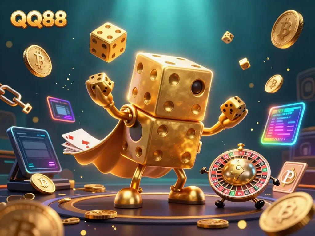 Experience thrilling gameplay at QQ88 with a dynamic golden dice golem and digital crypto elements.