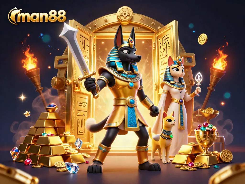 Experience man88 with Anubis and Bastet in a lavish casino treasure scene.