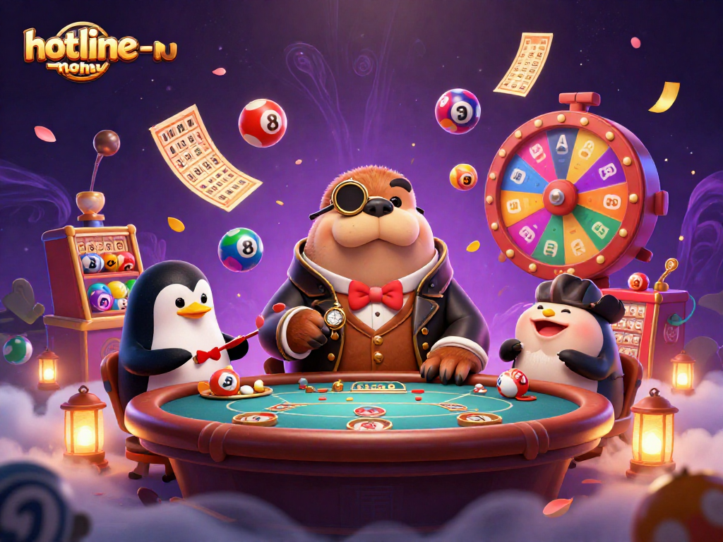 The jolly walrus plays poker underwater in a vibrant scene of hotline-nohu, with lottery elements and dynamic energy.