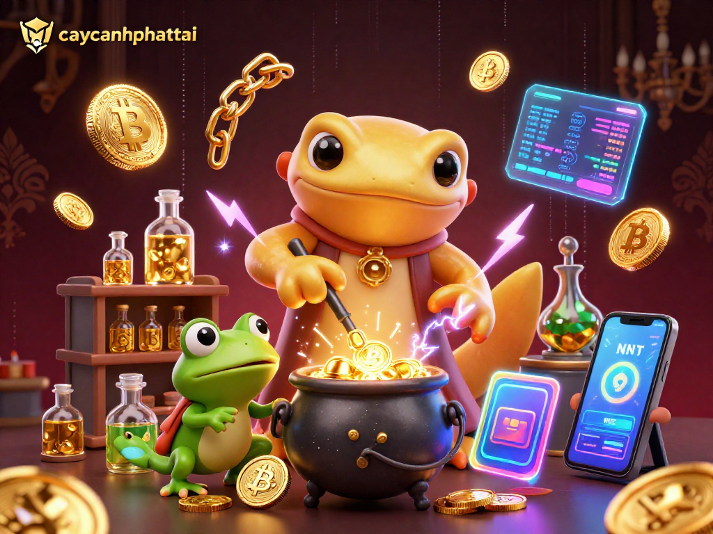 Experience the exciting action of caycanhphattai with vibrant 3D illustrations of gold transmutation and coins.
