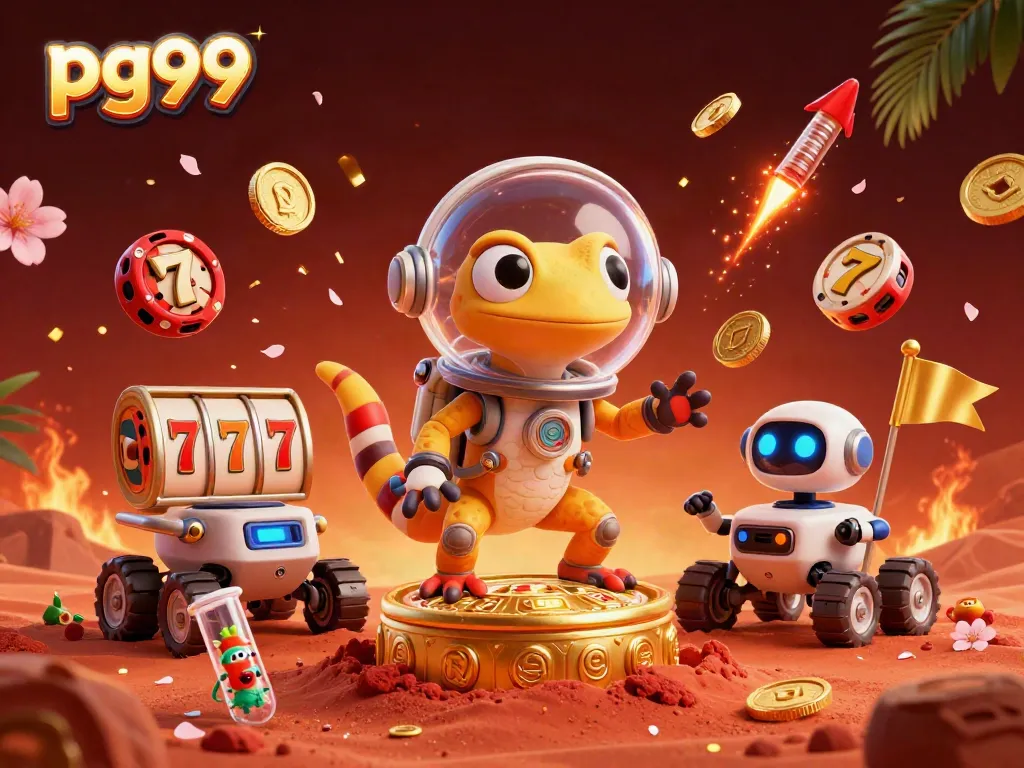 Experience the excitement of pg99 at a golden casino on Mars, filled with vibrant gambling elements.