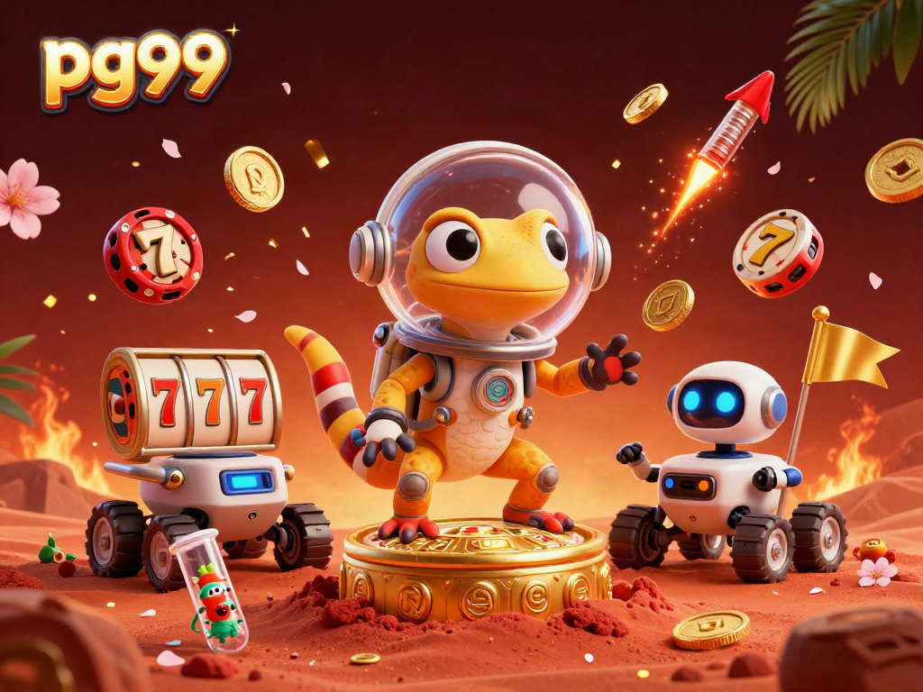 Experience the excitement of pg99 at a golden casino on Mars, filled with vibrant gambling elements.