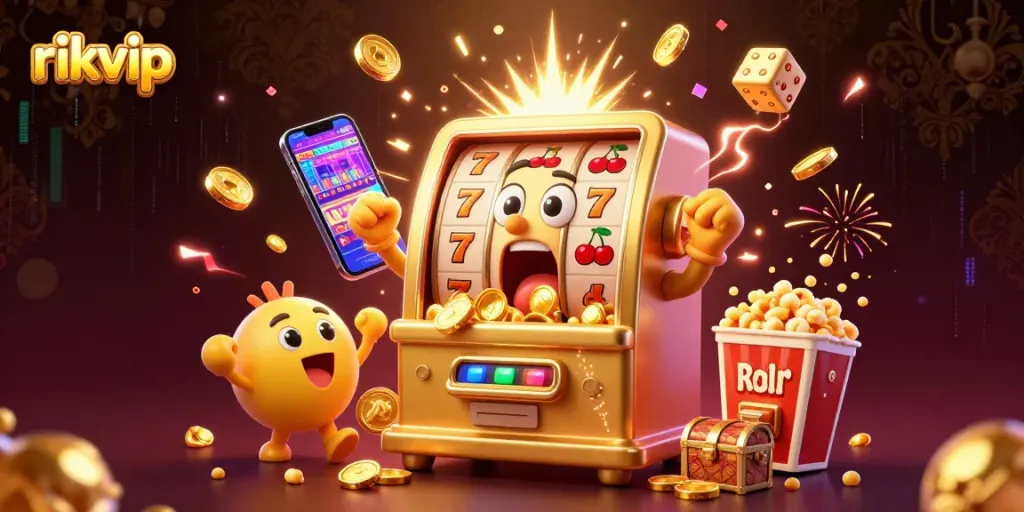 Experience the excitement of rikvip with a vibrant scene featuring joyful slot machines and overflowing jackpots.