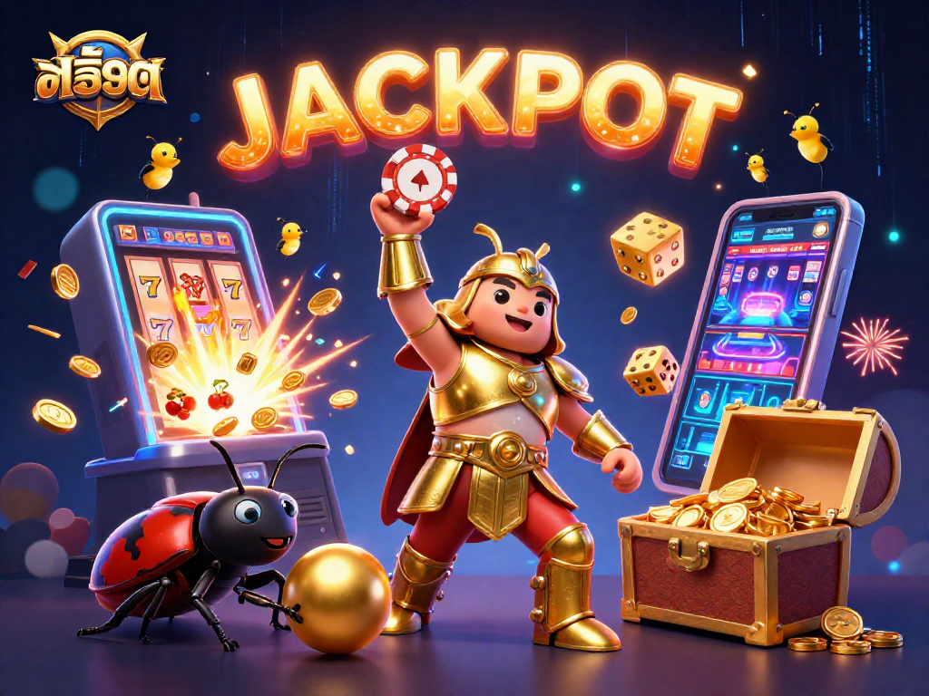 Win big with สล็อต at a vibrant casino scene featuring cartoon beetles and jackpot chaos.