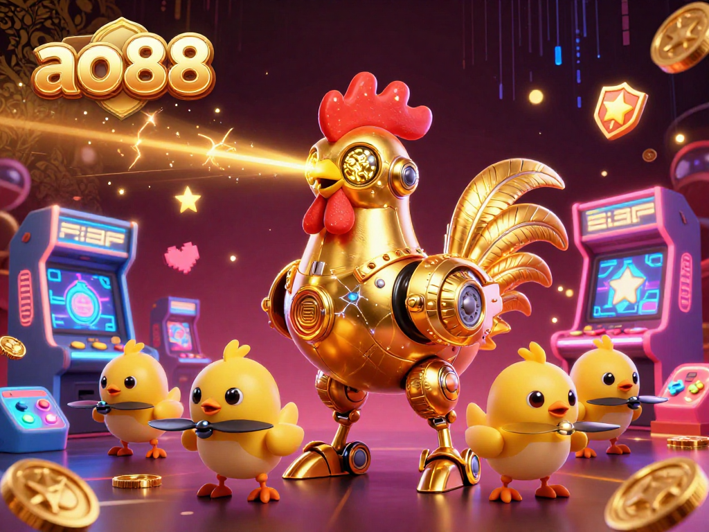 Experience the thrill of ao88's gaming world with golden rooster robots and arcade action.