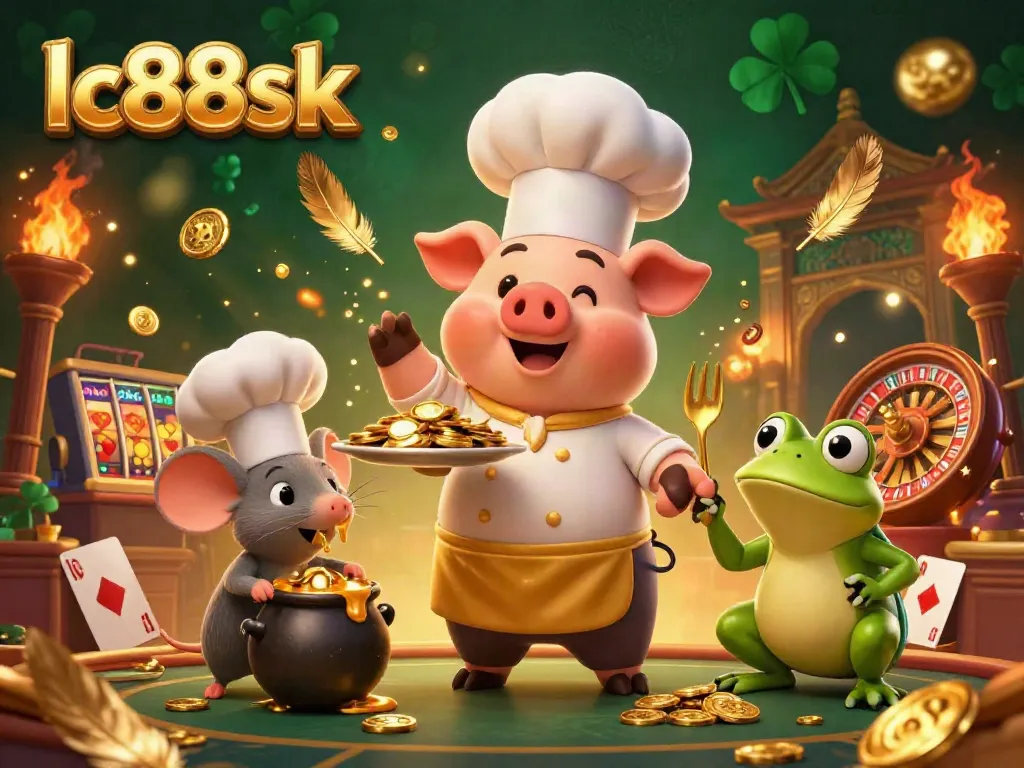 Engage with the vibrant gaming action at lc88sk featuring cartoon chef pig serving gold coins amidst casino elements.