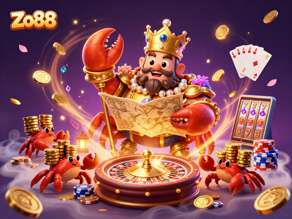 Experience excitement at Zo88 with a golden crab emperor leading dynamic casino action.