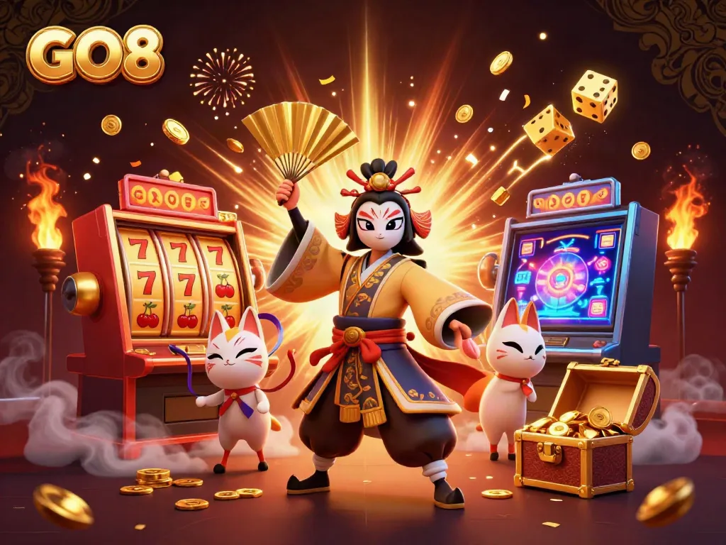 Experience the excitement of GO8 with a vibrant 3D illustration featuring a kabuki warrior amidst slot machines and treasures.