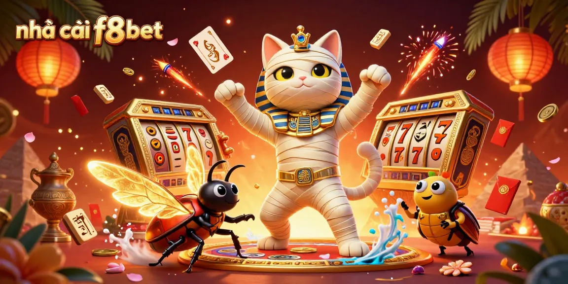 Experience the excitement at nhà cái f8bet with a thrilling casino scene featuring a mummy cat and golden elements.