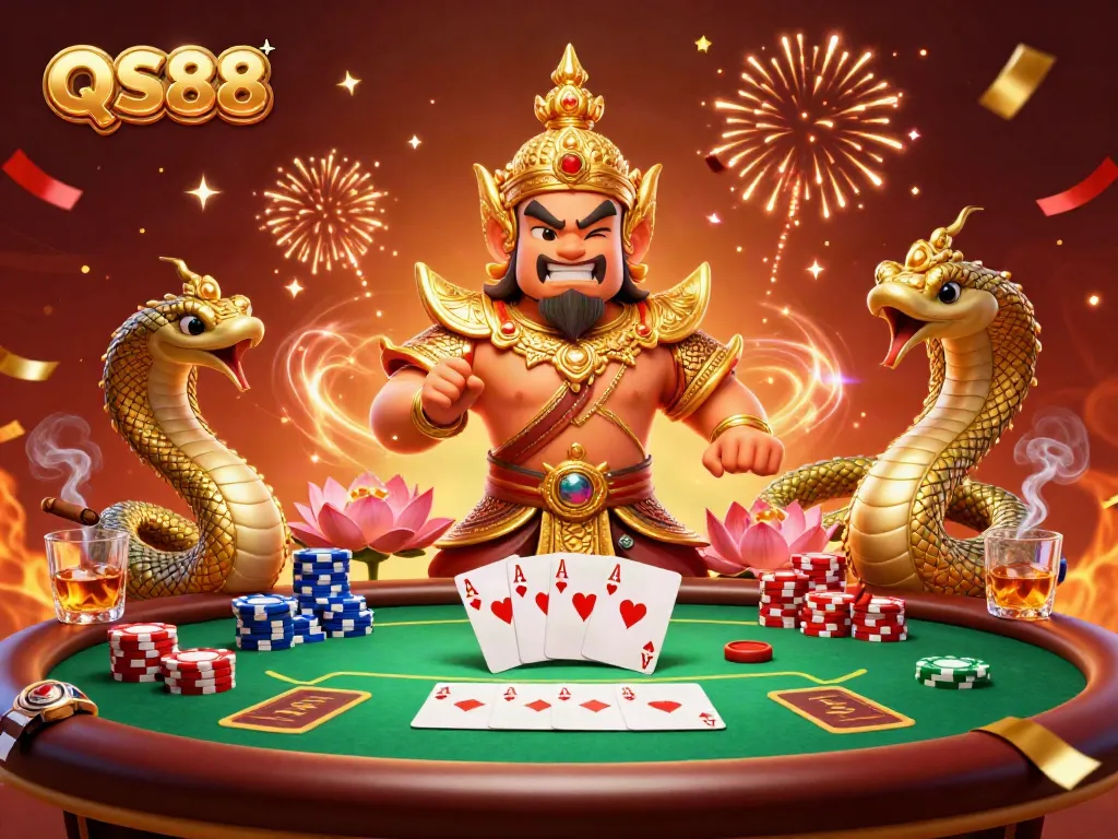 Experience thrilling gameplay at QS88 with exciting poker elements and vibrant characters celebrating wins.