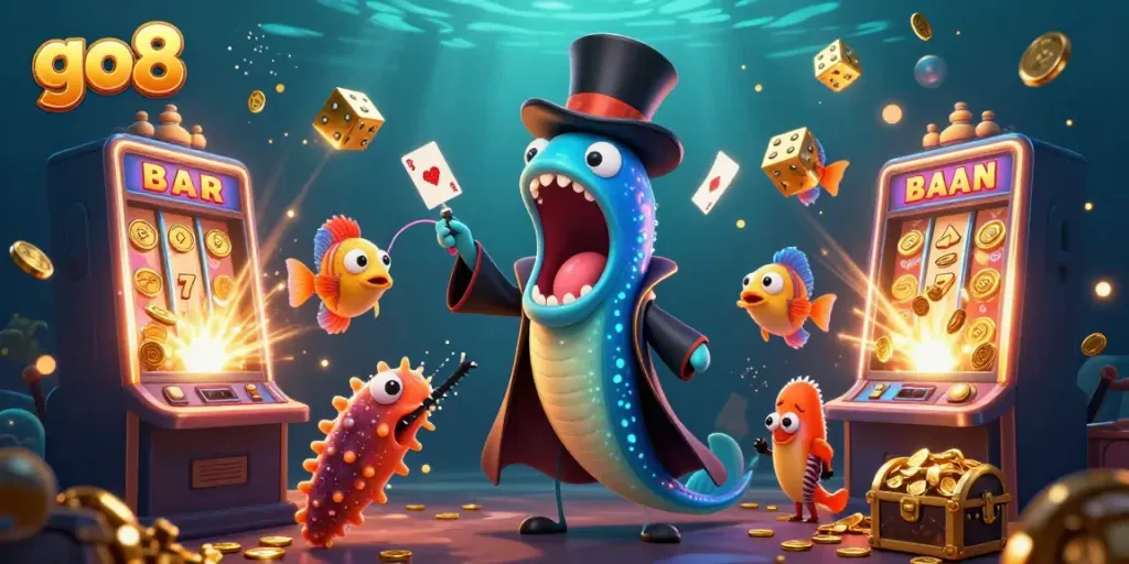 Experience thrilling gameplay at go8 with a cartoon eel magician performing casino card tricks.