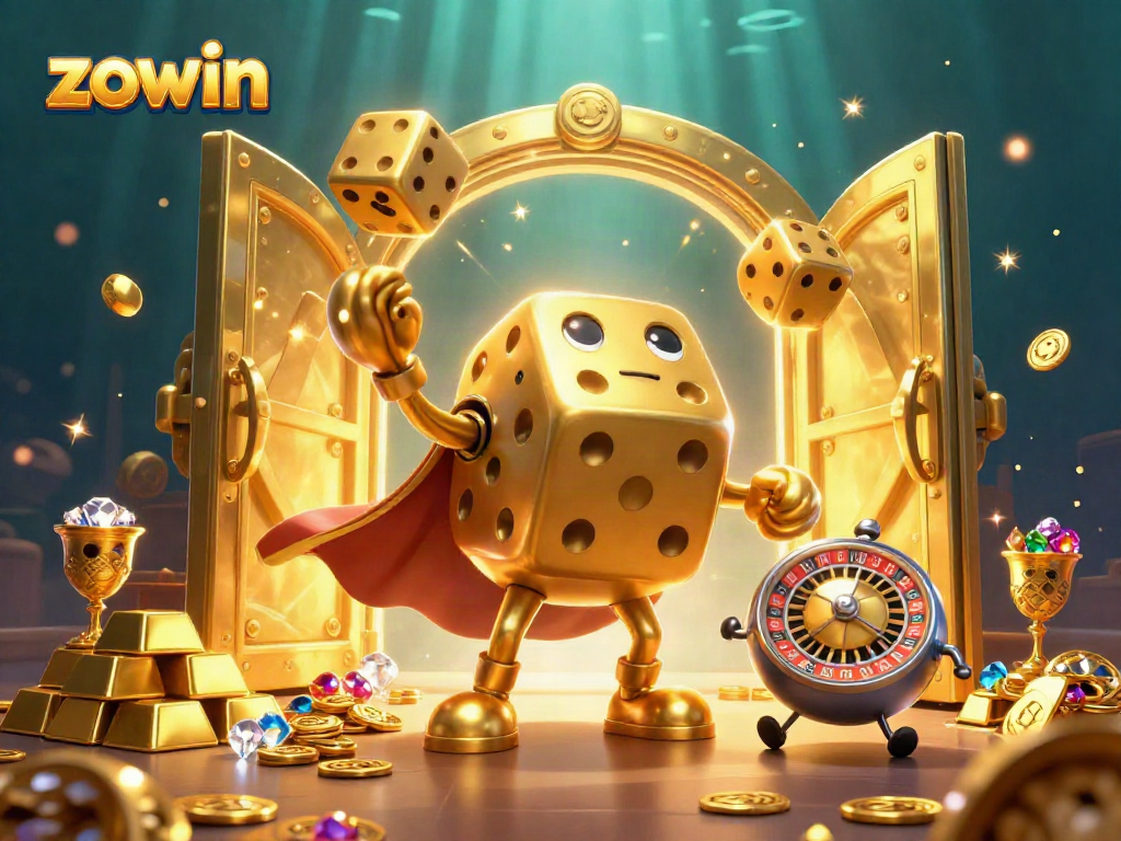 Engage with the exhilarating joy of gaming at Zowin with vibrant illustrations of golden dice and casino treasures.