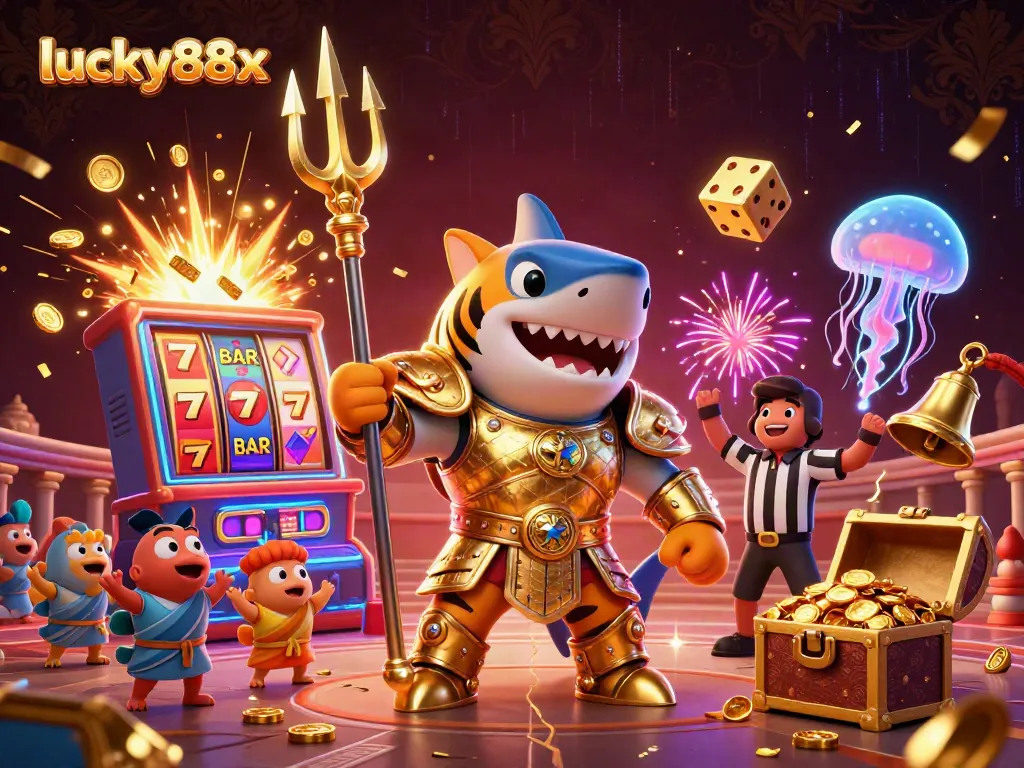 Experience excitement with lucky88x in this immersive 3D gambling scene featuring dynamic slot action and shark gladiators.